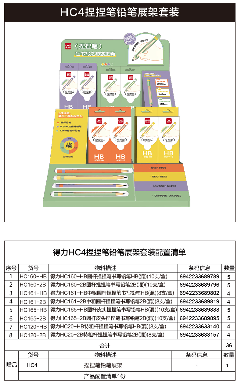 尊龙凯时HC4圆杆捏捏笔誊写铅笔展架套装(混)(套)