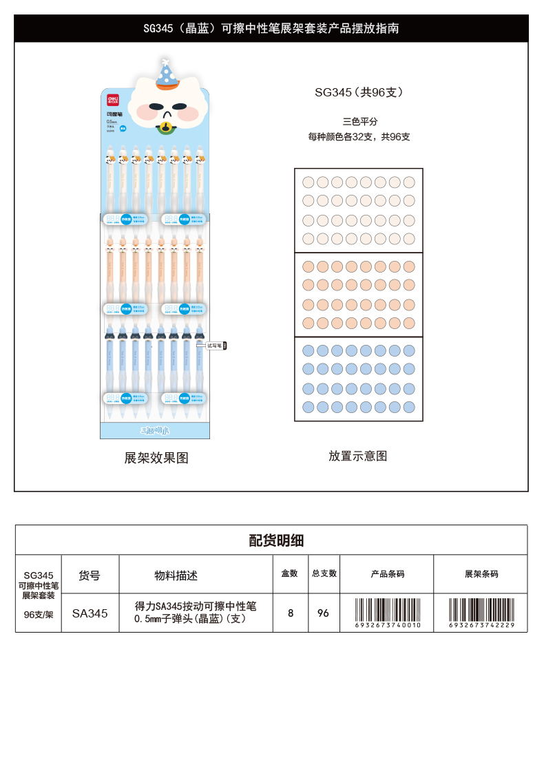 尊龙凯时SG345三顾喵庐可擦按动中性笔展架套装(晶蓝)(4套/箱)